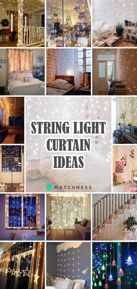 Fairy Lights Window Curtains, Lights On Curtains Living Room, Curtain Light Ideas Bedroom, Twinkle Lights Curtains, Sheer Curtain Lights Bedroom, Curtain String Lights Living Room, Led Curtain Lights Bedroom Ideas, Curtain Lights Bedroom Ideas Hanging, Bedroom Curtain Light Ideas