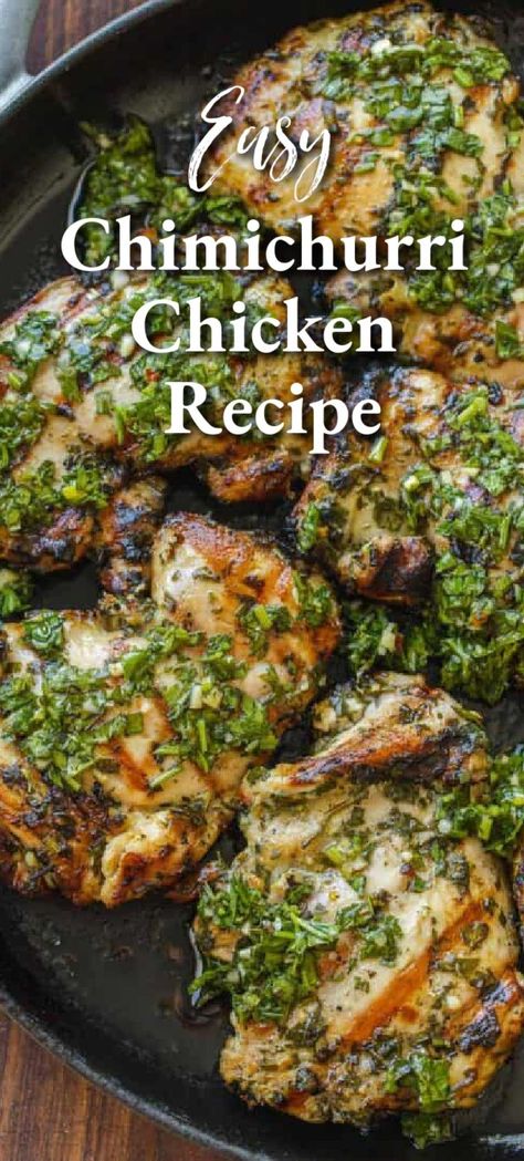 Chimichurri sauce is a simple way to upgrade your chicken and make dinner exciting. You can sautee this on a skillet or put it on the grill – both methods work great, so you can enjoy Chicken with Chimichurri all year long. Chimichurri Chicken, Mexican Night, Chimichurri Recipe, Cuban Food, Chimichurri Sauce, Grilled Chicken Recipes, Chicken Dishes Recipes, Poultry Recipes, Chicken Dinner Recipes