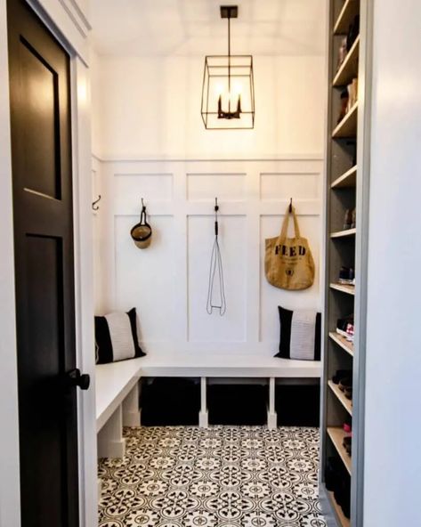 28 Mudroom Built-In Ideas for an Organized Entry Small Mudroom Built Ins With Bench, Narrow Drop Zone, Mud Room Inspiration, L Shaped Mudroom Ideas, Foyer Built In Ideas, Small Mudroom Ideas Entryway Entrance, Kitchen Mudroom Combo, Mud Room Ideas Entryway Laundry, L Shaped Mudroom