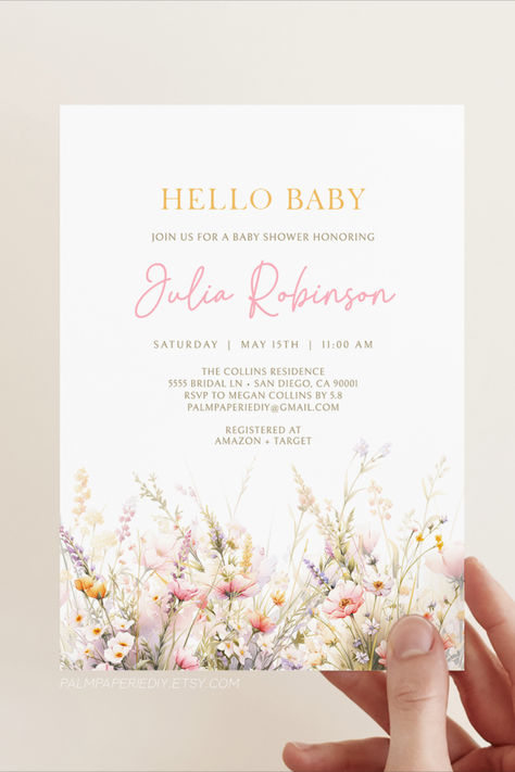 Wildflower Baby Showre ideas. These floral invitations are perfect for a spring or summer shower for a baby girl. Baby in bloom! Wildflower Baby Shower, Baby In Bloom, Baby Shower Invitation Template, Flower Invitation, Hello Baby, Baby Shower Invites For Girl, Floral Invitation, Girl Baby