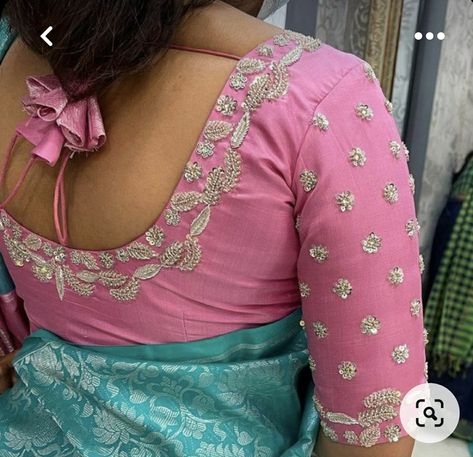 Pink And Blue Pattu Saree, Pink Soft Silk Saree Blouse Designs, Pink Blouse Silver Aari Work, Pink With Silver Blouse Designs, Silver Work On Blouse, Blue And Pink Blouse Designs, Pink Blouse With Silver Work, Simple Silver Maggam Work Blouses, Vasanthi Creations Maggam Work