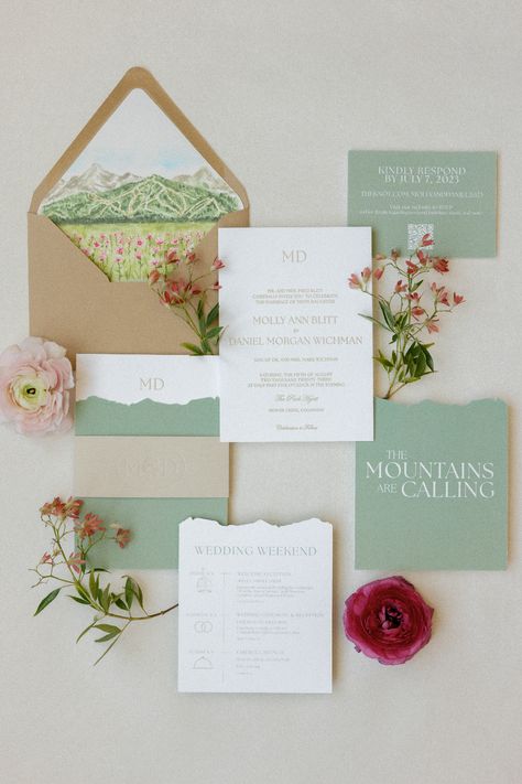 Watercolor Mountain Wedding Invitations, Aspen Wedding Invitations, Mountain Wildflower Wedding Invitations, Wild Flower Mountain Wedding, Mountain Wedding Invitation Suite, Wedding Invitation Theme Design, Mountain Wedding Mood Board, Coastal Mountain Wedding, Colorado Wedding Invitations