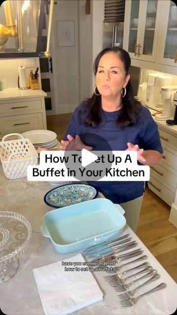 Carla Shellis on Instagram: "How to set up a buffet in your kitchen! Do you prefer a plated dinner or a buffet? #familydinner #dinner #dinnerparty #buffet #kitchen #home" Setting Up A Buffet Table At Home, Setting Up Buffet On Kitchen Island, Buffet Plates Display, Potluck Set Up Ideas, Party Buffet Set Up, Buffet Dinner Table Setting, Christmas Dinner Buffet Set Up, Setting Up Buffet Table Display, How To Set A Buffet Table For A Party