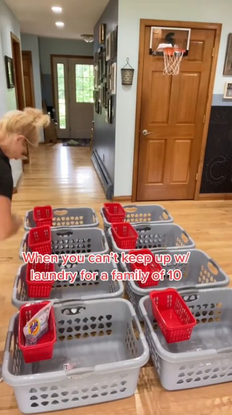 Kitchen Laundry Basket, Laundry And Workout Room, Big Family Laundry System, Big Family Laundry Room, Laundry Room Clothes Basket Ideas, Large Family Laundry System, Laundry System Ideas, Laundry Organization System, Laundry Supplies Organization