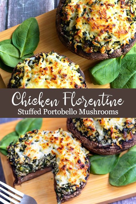 Chicken Florentine Stuffed Portobello Mushrooms Recipe : ObesityHelp Chicken Florentine Recipe, Portabella Mushrooms Recipes, Florentines Recipe, Portobello Mushroom Recipes, Chicken Lombardy, Stuffed Portobello Mushrooms, Mushroom Recipes Healthy, Stuffed Portobello, Chicken Florentine