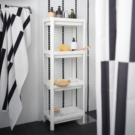 A small, beautiful bathroom with functional storage - IKEA Ikea Bathroom Shelves, Ikea Bathroom Storage, Plastic Storage Shelves, Bathroom Storage Units, Narrow Shelves, Ikea Bathroom, Shower Storage, Plastic Shelves, Bathroom Units