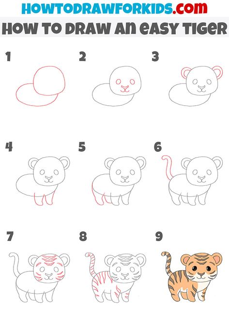 Tiger Sketch Easy, How To Draw Tiger For Kids, Drawing Tiger Easy, How To Draw Jungle Animals, Tiger Drawing Easy Step By Step, How To Draw A Tiger Easy, Tiger Simple Drawing, Cute Tiger Drawing Easy, How To Draw Cute Animals Step By Step