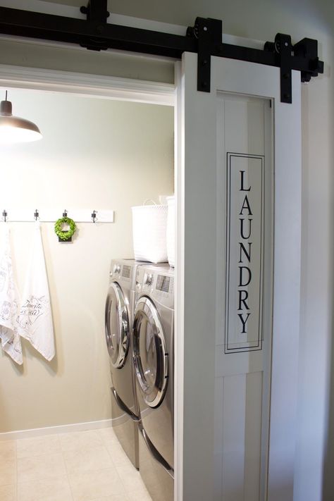 Laundry Room Doorcountryliving Farmhouse Laundry Room Ideas, Modern Farmhouse Laundry Room, Laundry Room Update, Laundry Room/mud Room, Basement Laundry Room, Basement Laundry, Laundry Room Doors, Farmhouse Laundry, Barn Door Designs