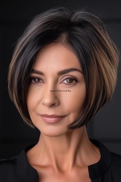 If you want to cut your hair short without so much hassle, the soft black bob with subtle lowlights would be a perfect choice for urban women. It is a straight, medium-length hairstyle that makes fine hair look better with its barely discernible lowlights. Click here to check out more flattering medium-length hairstyles for women in their 60s. A Line Bob Short Layered, Chin Length Hair 2024, 60s Bob Hairstyles, Traditional Bob Haircut For Women, Feminine Short Hair Oval Face, Short Bob Hairstyles 2024, Short Bob Cuts For Women, Short Layered Haircuts For Fine Hair, Subtle Lowlights