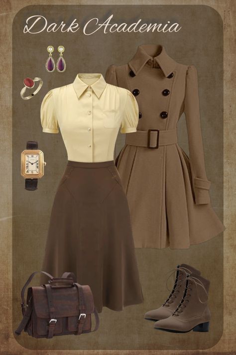 Classy Aesthetic Vintage Outfit, Dark Academia Outfit Vintage, Elegant Dark Academia Outfit, Vintage Female Outfits, Old Fashion Outfits Vintage, Dark Academia Outfits For School, Girly Academia Outfits, History Student Aesthetic Outfit, Dark Academia Female Outfit