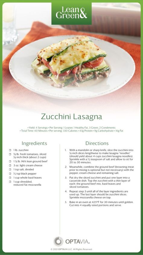 Lean & Green Zucchini Lasagna | Lean eating, Lean dinners, Lean protein meals Lean Dinners, Medifast Recipes, Lean Protein Meals, Lean Meat Recipes, Green Zucchini, Lasagna Ingredients, Lean And Green, Zucchini Lasagna, Lean And Green Meals