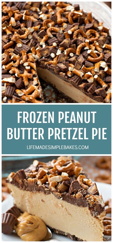 This frozen peanut butter pretzel pie is out of this world good! It's decadent, sweet, salty and so easy to make. This dessert has SUMMER written all over it! #frozenpeanutbutterpretzelpie #peanutbutterpie #peanutbutterpretzelpie #frozenpie #peanutbutter Peanut Butter Pretzel Pie, Pretzel Pie, Reindeer Chow, Frozen Peanut Butter, Salty Desserts, Oreo Stuffed Chocolate Chip Cookies, Life Made Simple, Peanut Butter Pretzel, Frozen Pie