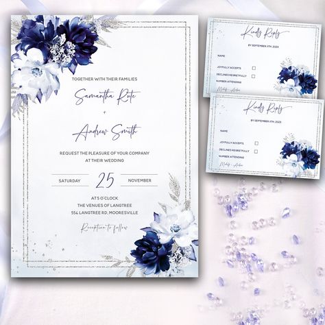 "Royal Blue and Dusty Blue Roses Silver Wedding, Gray and Royal Blue wedding invitations #5257(Corjl)  TRY BEFORE YOU BUY!  Demo this item now! Copy and paste the URL below to demo: https://www.corjl.com/d/4MPHG0 WHAT IS IT ★★ Ipg/pdf files: 1) One-Sided 5x7 Invitation 2) RSVP 5 x 3,5 3) Detailed instructions from Corjl Buy one, print as many as you need at the location of your choice!  MATCHING ITEMS  https://www.etsy.com/shop/OlenaDreamsVip?ref=simple-shop-header-name&listing_id=1283867692&search_query=royal+blue Access your self-editable template(s) within minutes of purchase and create your own invitations using Corjl - an application which lets you fully customize the templates right in your browser. Get access to your invitation immediately and create your perfect invitation! Please Dark Blue And White Wedding, Navy Blue And Silver Wedding, Wedding Invitations Navy Blue, Wedding Invitations Navy, Blue And Silver Wedding, Royal Blue Wedding Invitations, Blue Silver Weddings, Wedding Navy Blue, Wedding Navy