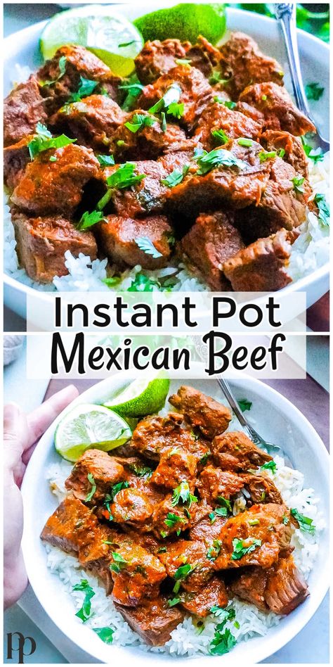 This Instant Pot Mexican Beef or Instant Pot Barbacoa Beef is made with sweet dried guajillo chili peppers that give the perfect amount of sweet heat. Instant Pot Mexican Beef, Instant Pot Barbacoa Beef, Instant Pot Barbacoa, Mexican Food Recipes Beef, Buttery Rice, Mexican Main Dishes, Instant Pot Mexican, Plate Recipes, Healthy Mexican Recipes