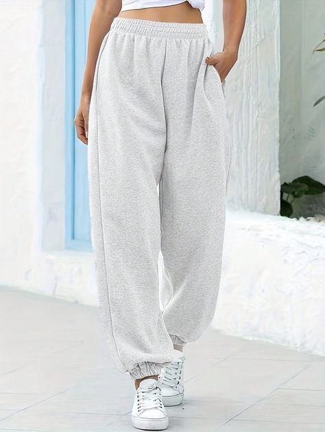 Women's Solid Color Elastic Waist Pockets Loose Casual Baggy Sweatpants Light Grey    Knitted Fabric Plain Jogger Medium Stretch Spring/Summer/Fall Women Clothing, size features are:Bust: ,Length: ,Sleeve Length: High Waisted Sweatpants, Baggy Sweatpants, Pocket Sweatpants, Chic Pants, Sports Trousers, Estilo Chic, Winter Stil, Grey Sweatpants, Sweater Collection