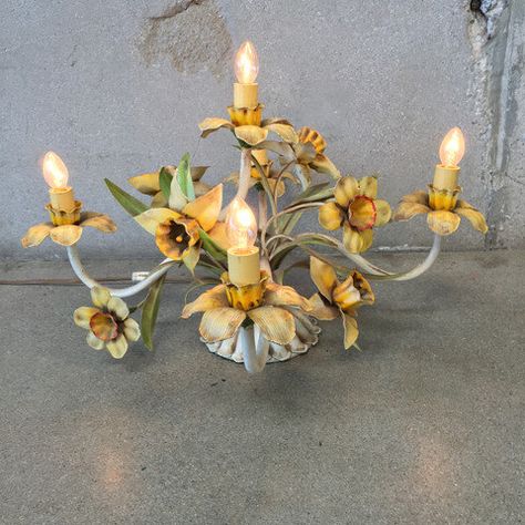 Yellow Daffodil Tole Chandelier Light Fixture by UrbanAmericana Tole Chandelier, Cardboard Chandelier, Stained Glass Chandelier, Green Chandeliers, Flower Chandelier, Floral Chandelier, Yellow Daffodils, English Antiques, White Chandelier