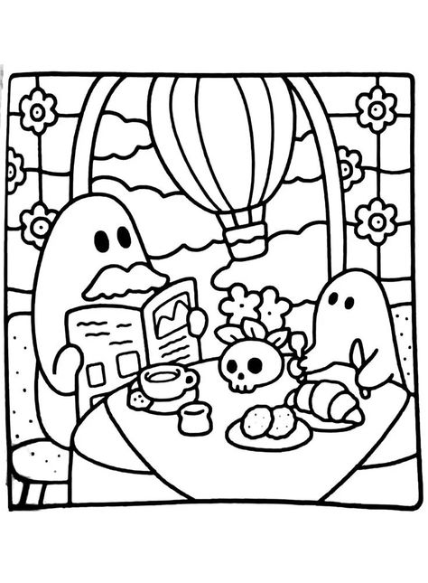 Weird Coloring Pages For Adults, Cutesy Coloring Pages, Cute Halloween Colouring Pages, Polly Pocket Coloring Pages, Cute Coloring Book Pages, Cute Spooky Coloring Pages, Cozy Friends Coloring Pages, Little Spooky Coloring Book, Spooky Cute Coloring Pages