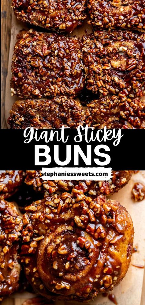 These are giant sticky buns. They make 6 giant cinnamon rolls topped with a maple pecan sticky topping. These are classic sticky buns made extra large so you can enjoy that soft center! Butterscotch Sticky Buns, Maple Pecan Sticky Buns, Sticky Pecan Cinnamon Rolls, Maple Pecan Cinnamon Rolls, Pecan Cinnamon Rolls Recipe Sticky Buns, Pecan Pie Cinnamon Roll, Pecan Rolls Recipe Sticky Buns, Pecan Cinnamon Rolls Recipe, Savory Buns