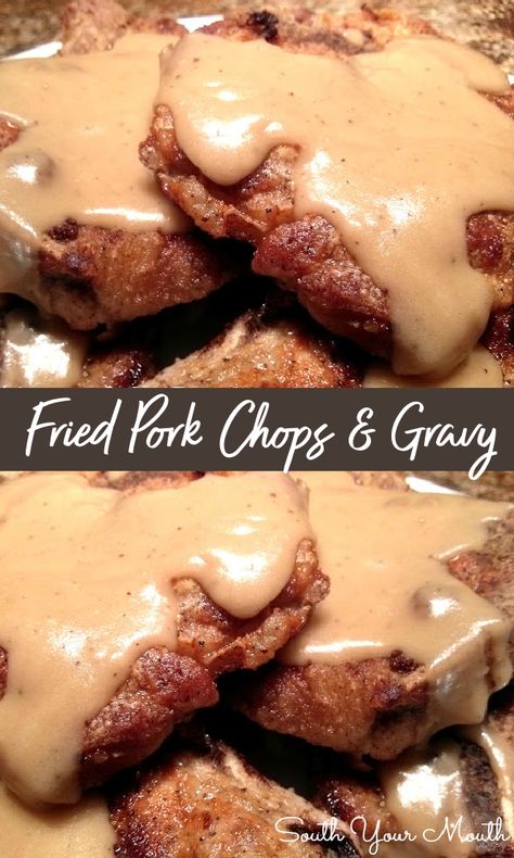 Fried Pork Chops & Country Gravy! A Southern-style recipe for perfectly cooked country fried pork chops with velvety homemade pan gravy. Fried Pork Chops And Gravy, Best Fried Pork Chops, Fried Pork Steak, Country Fried Pork Chops, Southern Fried Pork Chops, Fried Pork Chop Recipes, Southern Foods, Pork Gravy, Pan Fried Pork Chops