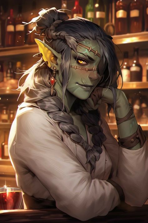 Herbalist Fantasy Art, Dnd Bar Maiden, D D Character Design Female, Fantasy Npc Art, Npc Ideas Dnd, Dnd Half Dragon, Dnd Dragon Art, Half Orc Character Design, Dnd Fighter Female