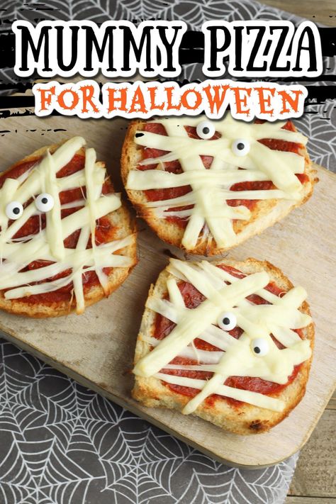 October Food Activities For Kids, Halloween Fun Foods For Kids, Halloween Lunches For Toddlers, Mini Mummy Pizza, Halloween Party Food Pizza, Spooky Lunches For Kids, Halloween Party Pizza Ideas, Halloween Food Entres, October Cooking Projects For Kids