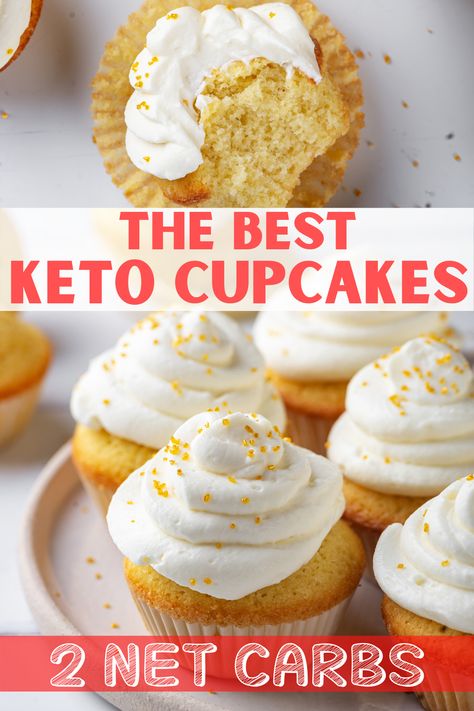 An overhead view of a keto cupcake with a bite out of it. Below is a picture of keto vanilla cupcakes with keto cream cheese frosting on top. Keto Cream Cheese Frosting, Keto Frosting, Low Carb Cupcakes, Keto Cream Cheese, Keto Cupcakes, Desayuno Keto, Keto Cream, Low Carb Muffins, Joy Filled Eats