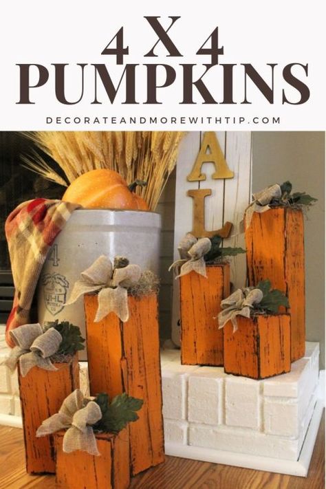 4 x 4 WOODEN PUMPKINS – Decorate & More with Tip Diy Wood Block Pumpkins, 2 X 4 Wood Pumpkins Diy, 4x4 Block Ideas, Diy Fall Decor With 4x4, 4x4 Wood Pumpkins Diy, Crafts Made From 4x4 Posts, Pumpkin 2x4 Craft, Square Wooden Pumpkins, Wooden Block Pumpkins Diy