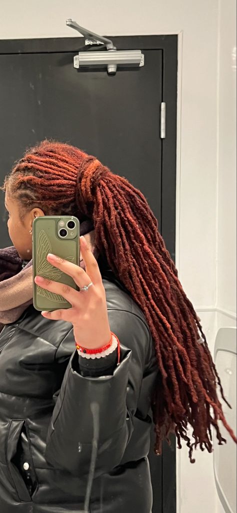 Locs, loc pony tail, dyed locs, pretty locs, girls with locs, selfie, mirror selfie, long locs, mature locs, long hair, black girl, hairstyles, loc styles, aesthetic locs, majestic locs, hair, black Ariel, retwist Long Locs Styles Black Women, Long Loc Styles, Loc Inspiration, Short Box Braids Hairstyles, Loc Hairstyles, Beautiful Locs, Beautiful Dreadlocks, Short Locs Hairstyles, Dreads Styles