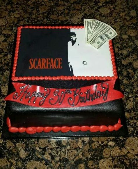 Angie N Tito Moreno: Scarface cake. Awesome. Scarface Cake, Rapper Birthday Cake, Scarface Party, Rapper Birthday, Dory Cake, Mafia Party, High School Graduation Party Decorations, Bday Party Theme, Birthday Cakes For Men