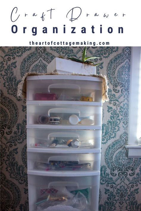 Craft drawers are organized with paints and a plant sits on top. Sterilite 3 Drawer Organization, Label Maker Ideas Organizing, Craft Room Organization Labels, Craft Drawer Organization, Label Maker Organization, Craft Room Storage Labels, Drawer Organization Ideas, Plastic Drawer Organizer, 3 Drawer Storage