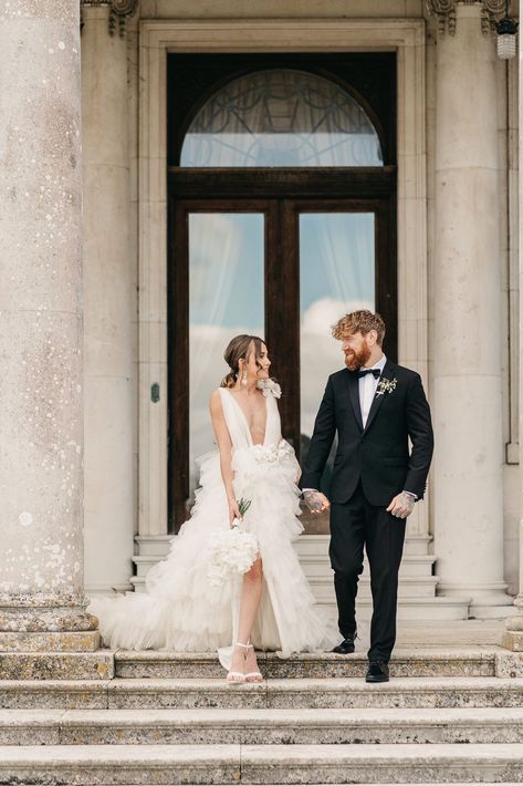 Bride in white ruffled Millia London wedding dress with groom in black tie standing on the steps of Stansted House Millia London, London Wedding Dress, Park Wedding, Park Weddings, London Wedding, Bride Look, House Wedding, Couple Shoot, Couple Portraits