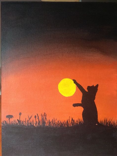 Black Cat Silhouette Painting, Cat Painting Tutorial Step By Step, Cute Cat Canvas Painting Easy, Cat Canvas Painting Ideas, Silouhette Painting Ideas, Cats Canvas Painting, Drawing Ideas Easy Aesthetic Color, Cool Acrylic Painting Ideas On Canvas, Cute Animal Paintings Acrylic