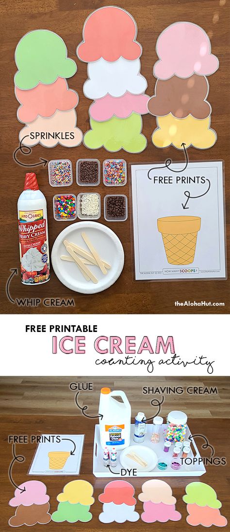 Fun easy toddler activity counting ice cream scoops, ice cream theme play. Download the free print and laminate for multiple use. Play with regular playdough or make playdough frosting. Can be a kids art project with easy DIY puffy paint. Use it with whipped cream and sprinkles for an edible sensory play activity. Great preschool activity counting how many scoops. #freeprintables #freeprintableforkids #toddleractivity #preschoolactivity #icecreamlesson #icecreamparty #artprojectforkids #counting Ice Cream Counting, Ice Cream Playdough, Edible Sensory, Edible Sensory Play, Summer Daycare, Make Playdough, Diy Puffy Paint, Ice Cream Games, Ice Cream Kids