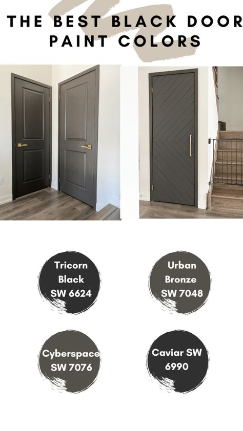 Best Hardware Color For Black Interior Doors, Black Interior Doors With Dark Floors, Bedroom Doors Painted, Dark Interior Front Door, Repaint Interior Doors, Black Framed Doors Interior, Wood Door Black Trim, Best Black Paint For Doors, Matte Black Doors Interior