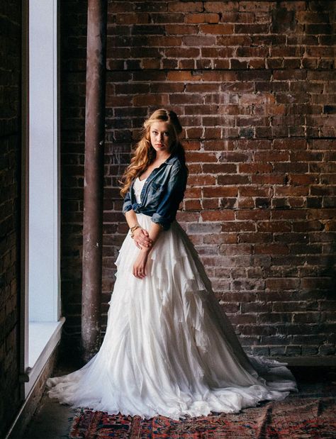 Ivy & Aster wedding dress Wedding Dress With Denim Jacket, Wedding Dress Jean Jacket, Wedding Dress With Jean Jacket, Denim Wedding Dresses, Jeans Wedding, Denim Wedding, Evening Reception, Add Sleeves, Ruffle Wedding Dress