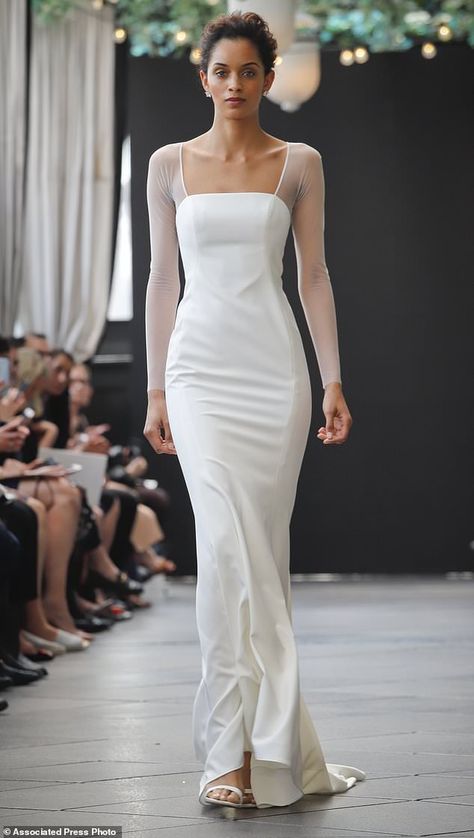 Bridal fashion from the Amsale collection is modeled during Bridal Fashion Week, Friday Ap... Timeless Sheath Wedding Dress, Amsale Wedding Dress, Mermaid Wedding Dress With Sleeves, Baju Kahwin, Fashion Career, Minimalist Bride, Career Fashion, Casual Wedding Dress, Bridal Fashion Week