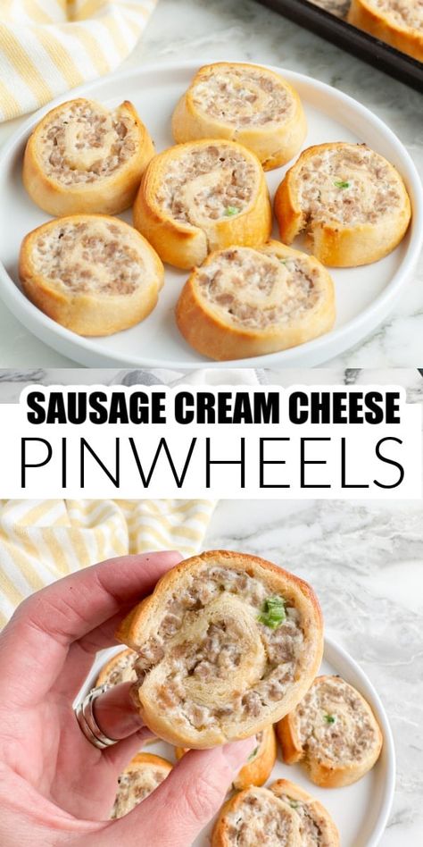 These Sausage Cream Cheese Pinwheels make a great appetizer, breakfast or even meal. Filled with sausage and cream cheese rolled in crescent rolls. Perfect party appetizer! Sausage And Cream Cheese Wonton Cups, Crescent Rolls Recipes Dinner, Appetizers For Party Crescent Rolls, Sausage Cream Cheese Rolls, Sausage In Crescent Rolls, Puff Pastry Sausage Pinwheels, Cream Cheese Roll Ups Pinwheels, Crescent Roll Sausage Pinwheels, Sausage And Cheese Pinwheels