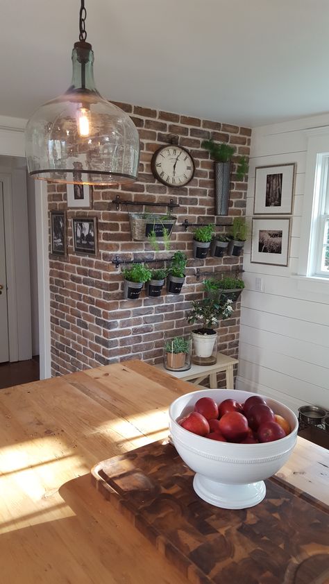 brick herb wall Brick Corner Wall Living Rooms, Red Brick Wall Kitchen Ideas, Brick Wall Paper Kitchen, Wooden Brick Wall, Brick Corner Wall, Brick Wall Sunroom, Brick Inside House, Brick Wallpaper Decor Ideas, Brick Wall In Kitchen