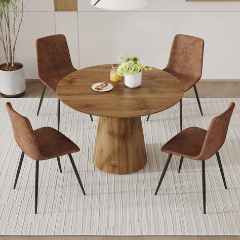 PRICES MAY VARY. 【5 Piece Round Dining Table Set】 This round dining table set, with its exquisite design, comfortably accommodates 4-6 people, making it the perfect choice for family gatherings and parties. This table is also versatile, serving as a display table, generous coffee table, or an elegant presentation table. Dining Table: 42.1'' x 42.1'' x 29.9'', Weight Capacity: 500 lbs. Dining Chair: 16.9"D x 15.8"W x 34.5"H, Weight Capacity: 300 lbs. 【Sturdy Construction for Comfort】 Crafted with Wood Table Metal Legs Dining Rooms, Kitchen Table For Apartment, Wooden Breakfast Nook, Farmhouse Dining Table Chairs, Boho Round Dining Table, Modern Kitchen Table And Chairs, Kitchen Table Set, Round Kitchen Tables, Mid Century Modern Kitchen Table