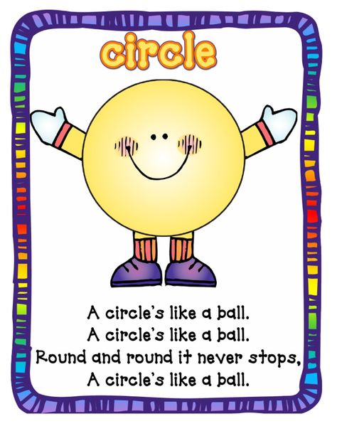 A circle’s like a ball. A circle’s like a ball. Round and round it never stops, A circle’s like a ball. Shape Poems, Shapes Lessons, Classroom Songs, Songs For Toddlers, Teaching Shapes, School Songs, Shapes Preschool, Preschool Music, Learning Shapes