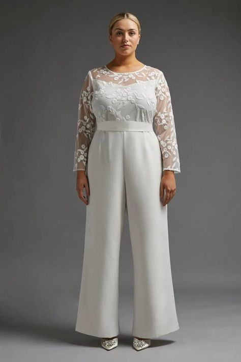 28 of the Best Wedding Jumpsuits for Brides in the UK - hitched.co.uk - hitched.co.uk Flattering Clothes For Big Belly, Plus Size Wedding Suit, Plus Size Bridal Jumpsuit, Wedding Jumpsuit Plus Size, Jumpsuit Inspiration, Wedding Jumpsuits, Bride Jumpsuit, Unusual Wedding Dresses, Bridesmaid Outfits