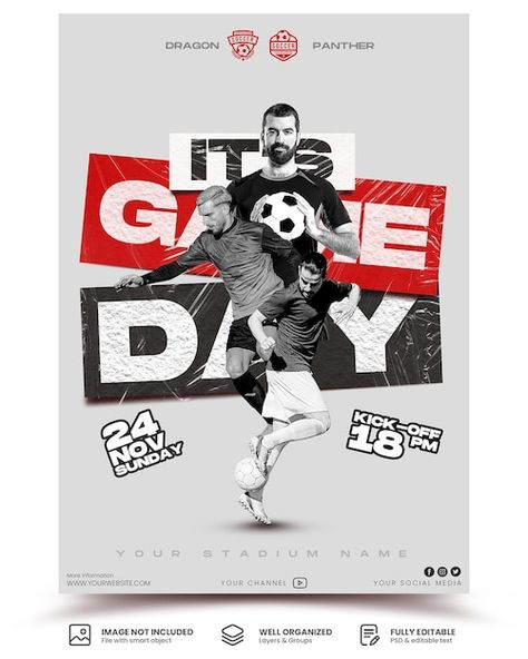 Soccer Match Poster, Soccer Social Media Design, Sport Day Poster, Match Day Poster Design, Soccer Poster Ideas, Match Day Football Design, Soccer Poster Design, Soccer Branding, Sports Day Invitation