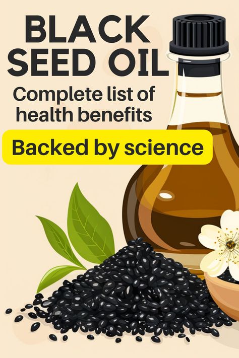 Bottle of black seed oil. Text reads: Black seed oil. Complete list of health benefits. Backed by science. Black Cumin Seed Oil Benefits, Oil Benefits For Skin, Black Seed Oil Benefits, Benefits Of Black Seed, Seeds Benefits, Oils For Men, Skin And Hair Care, Oil Remedies, Essential Oil Blends Recipes