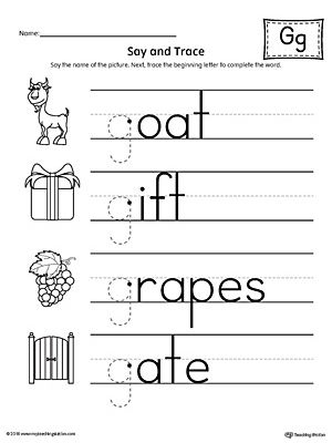 Say and Trace: Letter G Beginning Sound Words Worksheet. Practice saying and tracing words that begin with the letter G sound. Letter Gg Worksheets, Reptiles Worksheet, Sound Words Worksheet, Phonics Worksheets For Kindergarten, Letter B Worksheets, Words Worksheet, G Sound, Maze Worksheet, The Letter G