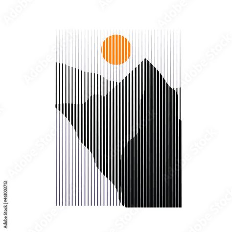 Stock Image: Poster with mountain landscape  and sunset in boho art style  .Minimal design with line elements . Trendy brochure . Wall art .Vector illustration . Vertical Lines Art Design, Salt Packaging, Office Redesign, Landscape Logo, Kitchen Bar Design, Art Vector Illustration, Abstract Wall Painting, Canva Fonts, Lino Art