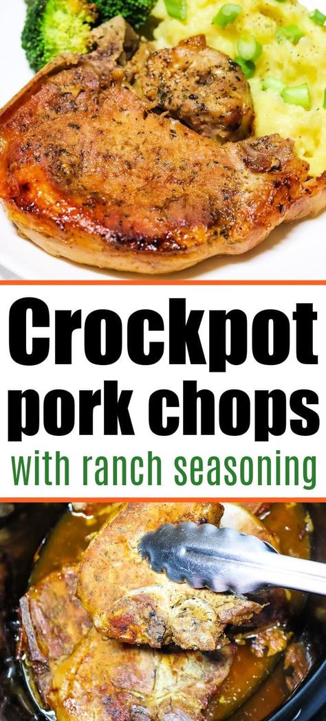 Crockpot Ranch Pork Chops come out tender and moist cooked in your slow cooker all day. Flavorful protein using boneless or bone in pork chops. #porkchops Porkchops Crockpot Bone In, Boneless Pork Chop Recipes Crockpot Healthy, Ranch Dressing Pork Chops Crockpot, Crockpot Pork Chops Keto, Pork Chop Bone In Recipes Crock Pot, Pork Chops In The Crock Pot Low Carb, How To Cook Pork Chops In Crock Pot, Bone In Pork Chops Slow Cooker, Slow Cooker Pork Chops Bone In