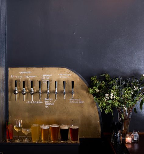 Brass drink taps + brass backsplash at the home bar + black walls + beer taps in the home + chic modern home bar | Jane Beiles Beer Design Ideas, Brass Backsplash, Beer Bar Ideas, Beer Bar Design, Tea Store Design, Craft Beer Shop, Bar Restaurant Interior, Brewery Design, Bar Tap