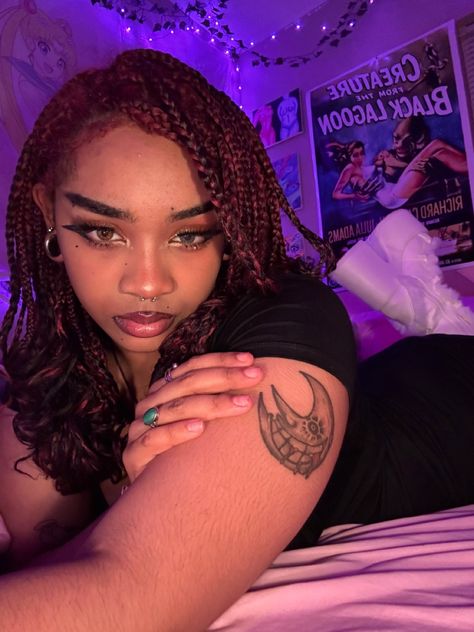 Anime Tattoo Black Skin, Anime Tattoos Black People, Soul Eater Tattoo Ideas Small, Black Star Soul Eater Tattoo, Black Star Tattoo Soul Eater, Soul Eater Sun And Moon Tattoo, Ohms Tattoo, Anime Shoulder Tattoo, Soul Eater Moon Tattoo