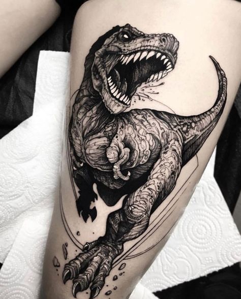 Incredible T-rex tattoo on the thigh done by @dmitriy.tkach | www.otziapp.com Velociraptor Tattoo, Rex Tattoo, Jurassic Park Tattoo, T Rex Tattoo, Australian Tattoo, Dinosaur Tattoo, Gamer Tattoos, Dinosaur Tattoos, Tattoo Convention