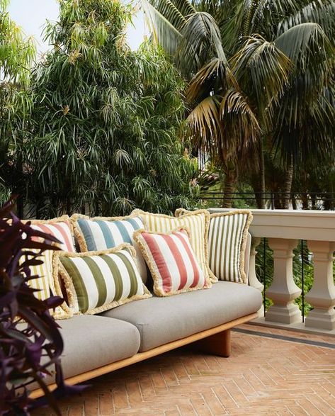 Garden Cushion Ideas, Mediterranean Alfresco, Lucy Montgomery, Aesthetic Easter, Striped Sofa, General Ideas, Garden Idea, Outdoor Entertaining Spaces, Garden Cushions